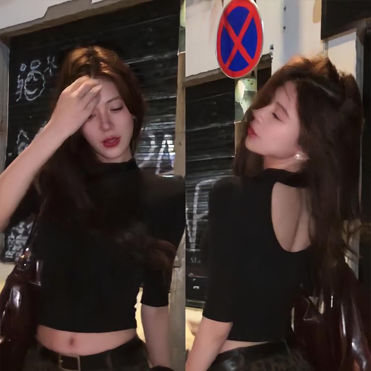 Spicy Girl Style Sexy Backless Hollow-Out Half-High Collar Mid-Sleeve T-Shirt 2026 Early Spring New Short Base Shirt Top for Women