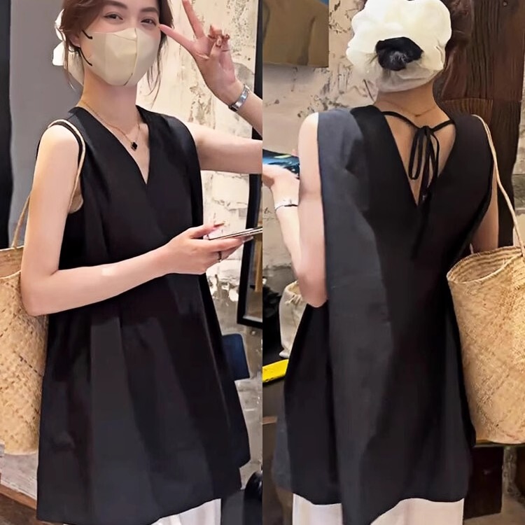 Korean Style V Neck Backless Sleeveless Shirt for Women 2026 Summer New Style Elegant Loose Slimming Vest Top Korean Style V Neck Backless Sleeveless Shirt for Women 2026 Summer New Style Elegant Loose Slimming Vest Top
