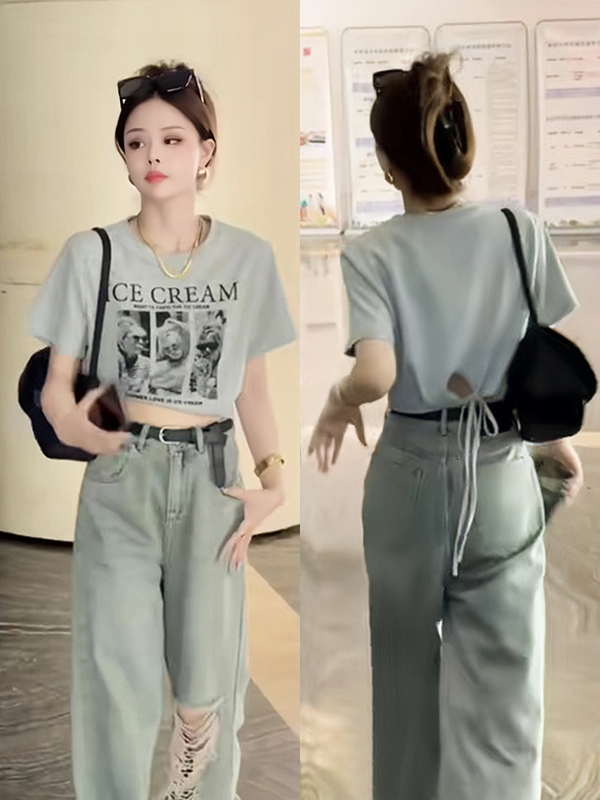 American-Style Printed Backless Tie-Up Short-Sleeve T-Shirt 2026 Summer New Popular Short Top for Petite Women