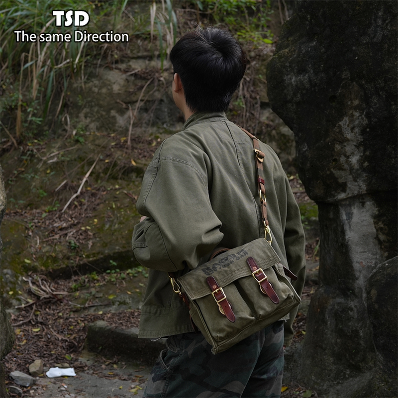 Tsd Leather Goods Thickened and Reinforced 580g Fine Grain Canvas Vintage Double Pocket Box Crossbody Shoulder Bag Unisex Bag 9345 Tsd Leather Goods Thickened and Reinforced 580g Fine Grain Canvas Vintage Double Pocket Box Crossbody Shoulder Bag Unisex Bag 9345