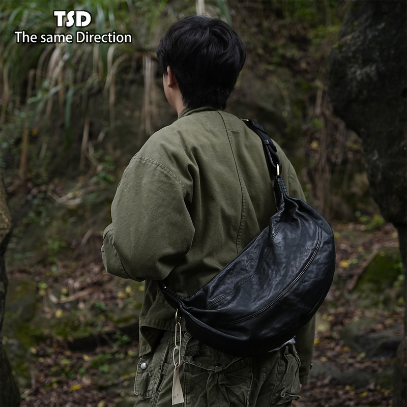 Tsd Leather Goods Imported Top-Grain Vegetable-Tanned Washed Horsehide Hobo Moon Crossbody Shoulder Bag for Men and Women Model 9154
