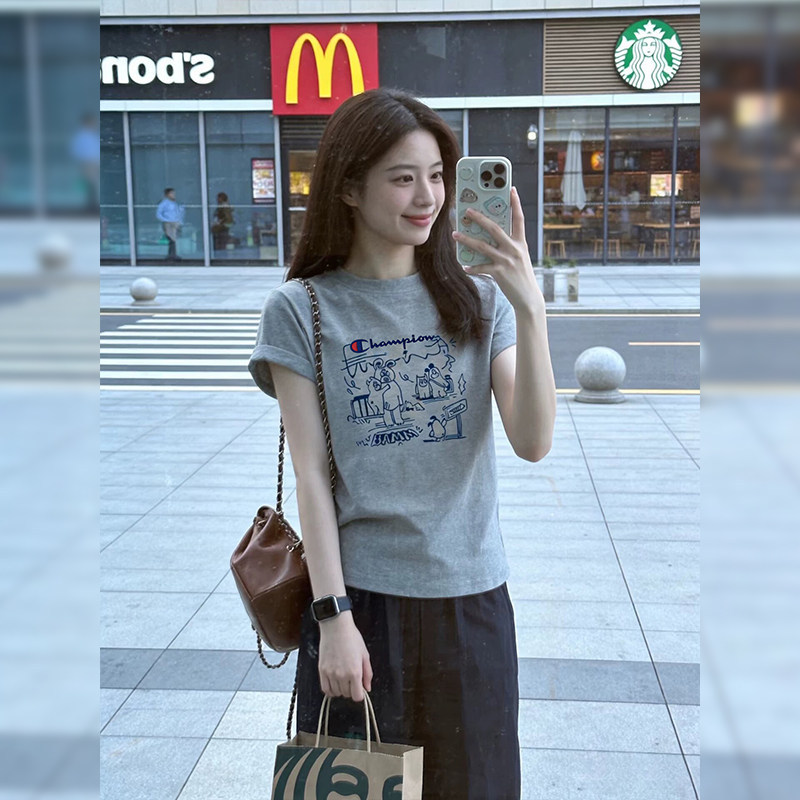 Japanese Style Trendy Brand Champion Summer Regular Shoulder Gray Short-Sleeve T-Shirt for Women, Round Neck, Slimming, Versatile Casual Top, Women's T-Shirt Japanese Style Trendy Brand Champion Summer Regular Shoulder Gray Short-Sleeve T-Shirt for Women, Round Neck, Slimming, Versatile Casual Top, Women's T-Shirt