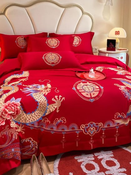 中式龙凤纯棉结婚四件套全棉刺绣被套大红色床单婚庆婚房床上用品