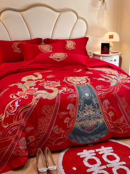 中式龙凤纯棉结婚四件套全棉刺绣被套大红色床单婚庆婚房床上用品