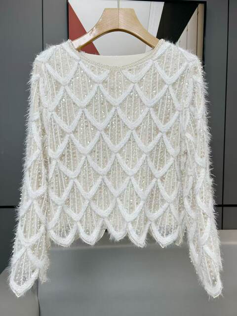 New Spring and Autumn High-End Custom Furry Tops, Loose Casual Versatile Sequin Tops, Comfortable Beaded Tops for Women