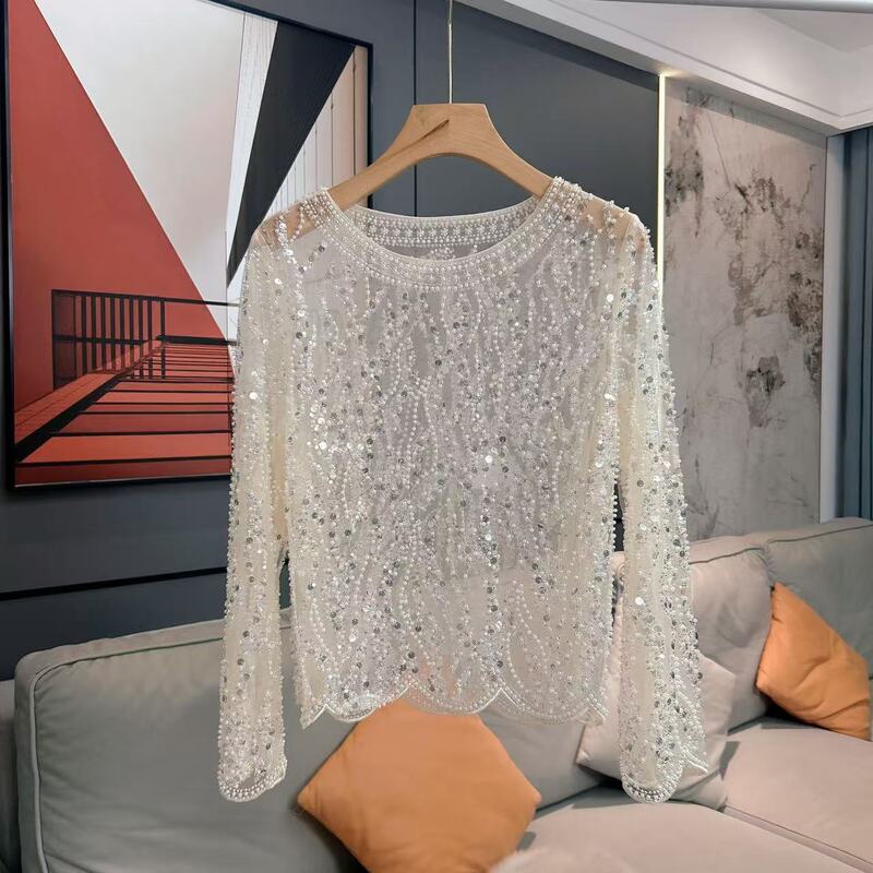 Sequin Lace Shirt for Women, Long-Sleeved, Round Neck, Sequin Shimmer, Stylish and Atmospheric, Niche Base Shirt, New Spring Style