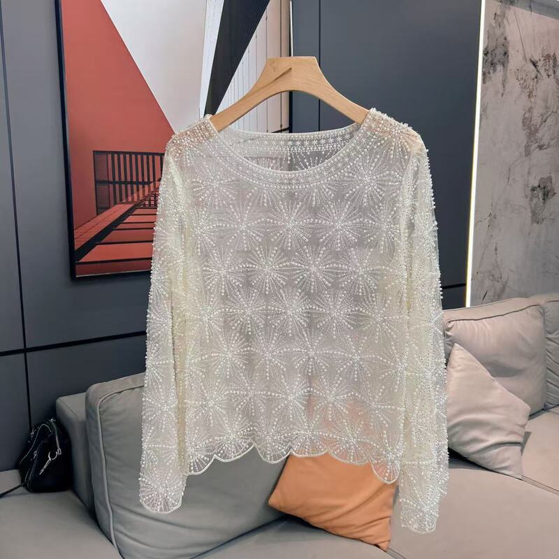 Light Luxury Style Sequin Lace Shirt for Women, Long-Sleeved, Atmospheric, Niche Base Shirt, Sequin Shimmering Top