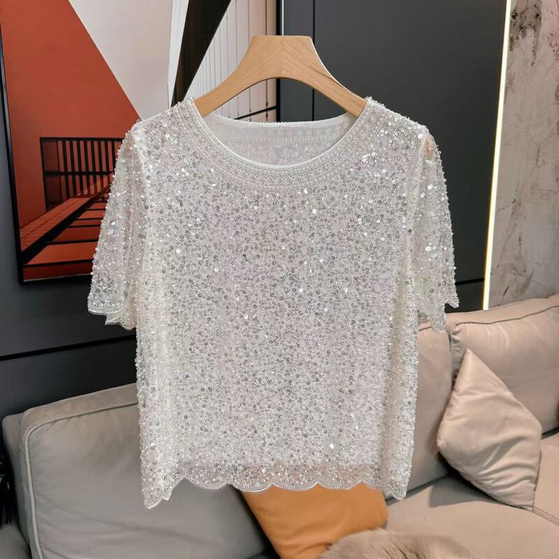 【Charming】Elegant Style Heavy Beaded Lace Top for Women, Short-Sleeved, Versatile, Slimming Sequin Shirt