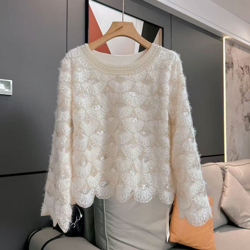 【Gentle Goddess】Heavy Lace Top for Women, Long Sleeve, Round Neck, Floral Embroidery, Versatile Base Shirt, Lace Outerwear 【Gentle Goddess】Heavy Lace Top for Women, Long Sleeve, Round Neck, Floral Embroidery, Versatile Base Shirt, Lace Outerwear