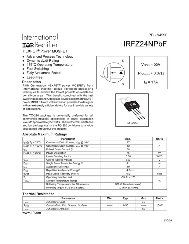 Chính Hãng IRFZ24NPBF TO-220 N Kênh 55V/17A Cắm Trực Tiếp MOSFET Ống Hiệu Ứng Trường