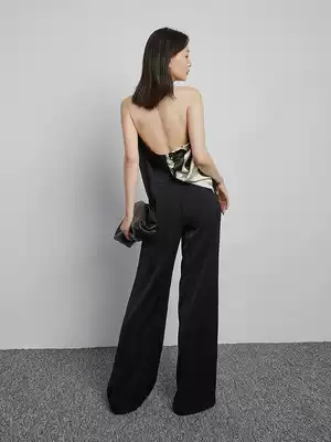 SOULKISS publicity fried street halter _ stitching design sense printed hanging neck heavy silk top women's summer