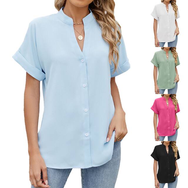 Amazon European and American cross-border foreign trade 2025 spring and summer new solid color V-neck loose short-sleeved button-down shirt chiffon shirt