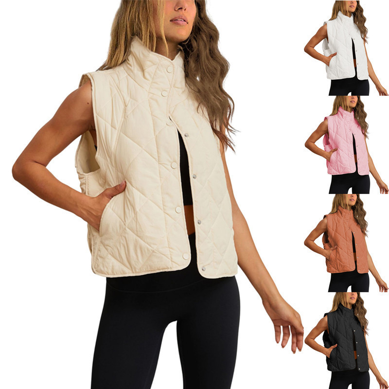 2023 Autumn/Winter New Amazon Women's Quilted Cotton Vest with Stand Collar, Lightweight Buttoned Padded Vest with Pockets 2023 Autumn/Winter New Amazon Women's Quilted Cotton Vest with Stand Collar, Lightweight Buttoned Padded Vest with Pockets