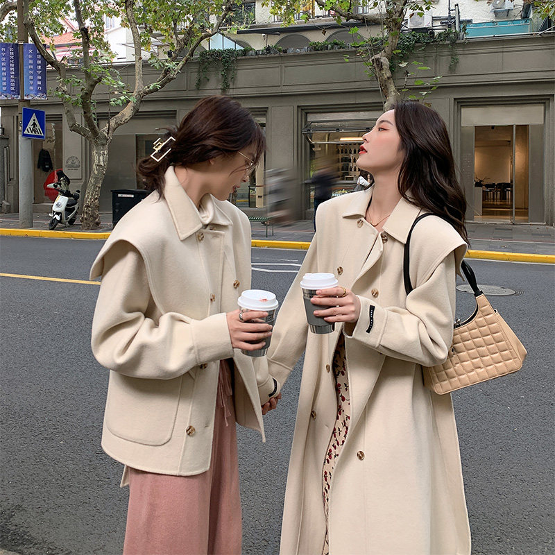 (TWO LEMON Hogwarts) 2022 autumn and winter double-sided nylon coat navy collar white woolen coat women