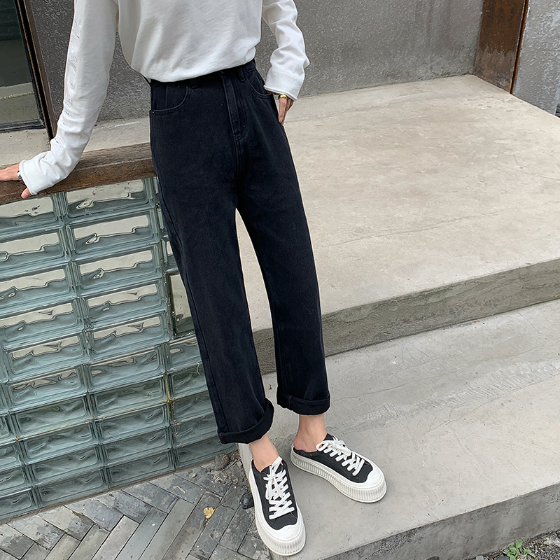 (TWO LEMON ps pants) Autumn fit white jeans woman 100 lap high waist Han version of slim fit straight cylinder pants