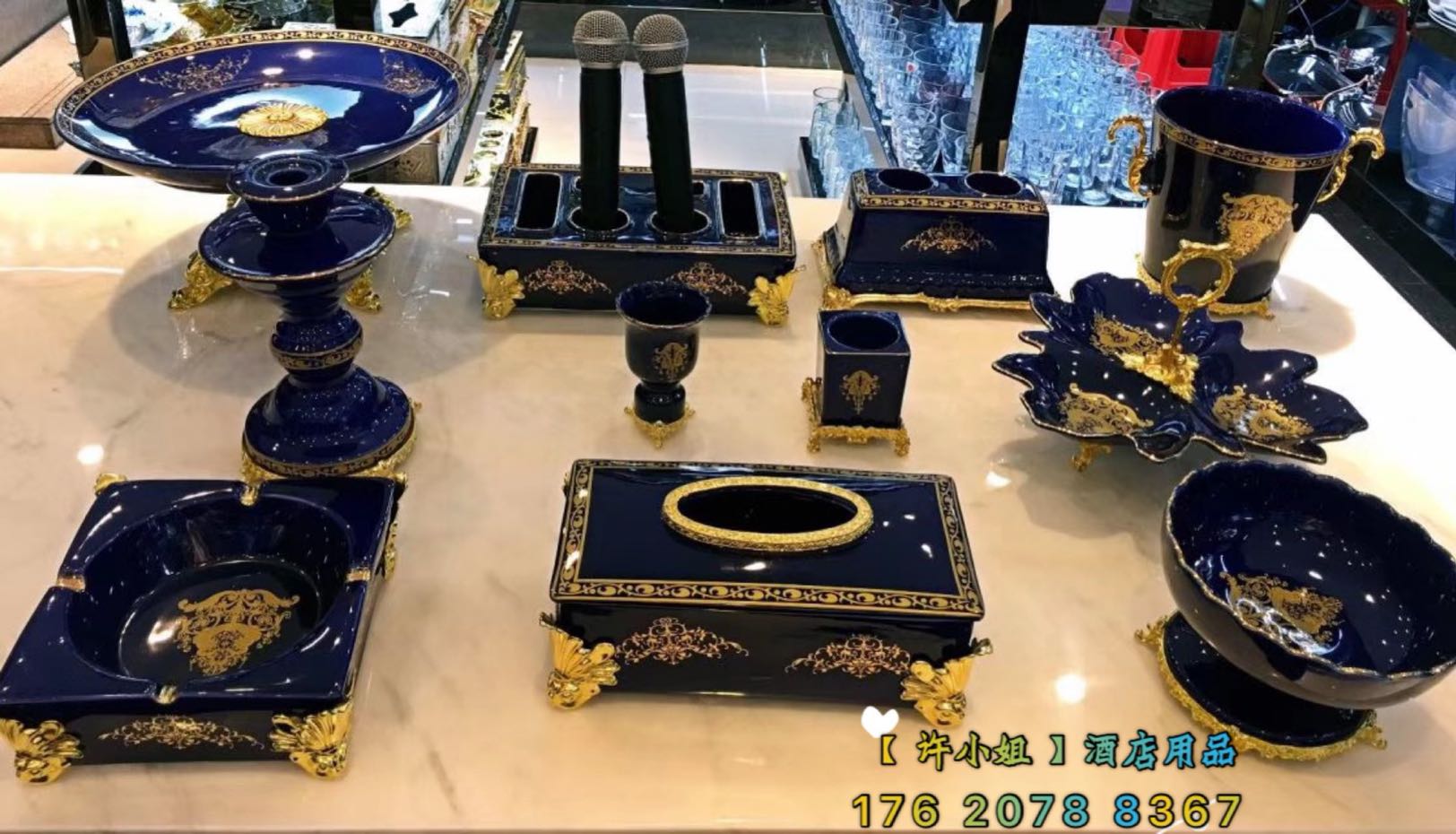 Golden foot blue ceramic KTV countertop European new nightclub coffee table ornaments carton ashtray fruit plate