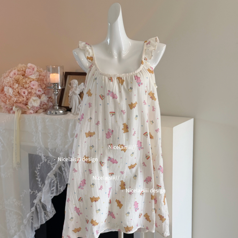 Nicelaisiii Milky Bear Pure Cotton Double-Layer Gauze Sweet Pajamas Cute Print Summer Lazy Nightgown