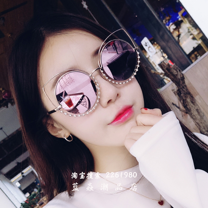 Zhang Xinyu the same handmade diamond cat-eye sunglasses female star net celebrity personality retro round face big frame sunglasses