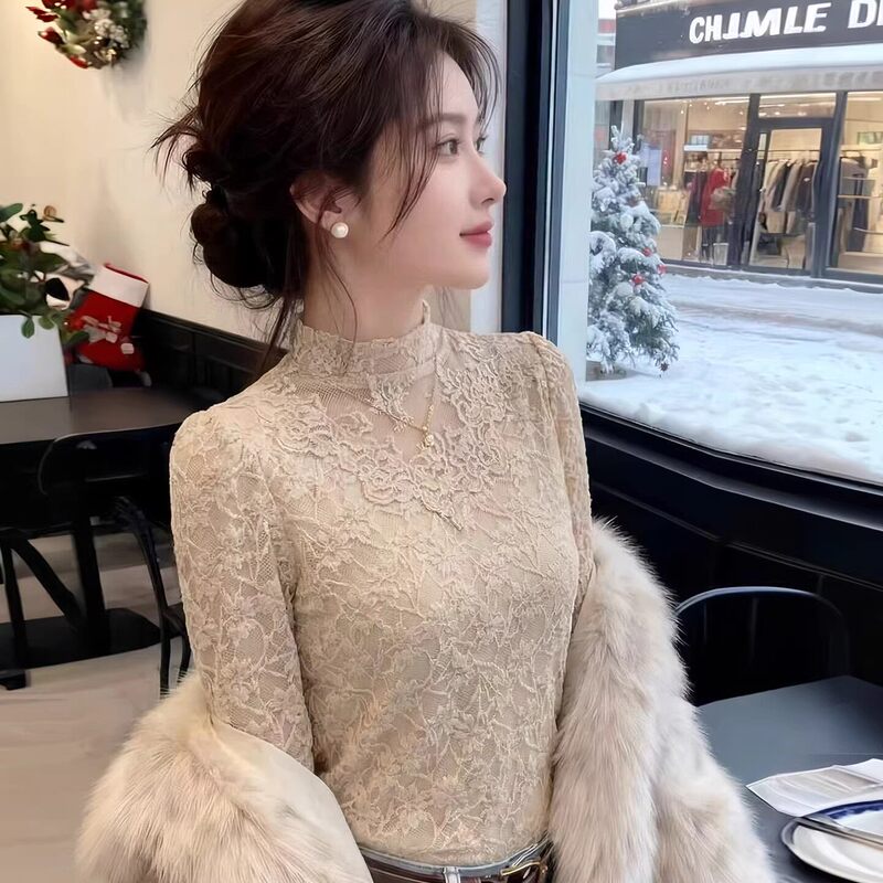Chanel-Style Mesh Patchwork Half-High Collar Long-Sleeve Lace Top for Women, New Spring and Autumn Fashionable Slim-Fit Base Shirt