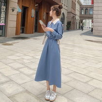  Spring 2021 new French retro niche chiffon shirt dress female spring and autumn over-the-knee A-line long skirt