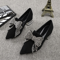 Womens shoes pointed bow chunky-heel rhinestones black shoes heel 5 5cm