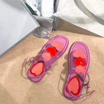 Bohemian pink thongs love-shaped color matching personality one-word buckle flat Roman sandals womens summer shoes