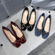 Womens shoes square head metal buckle patent leather bow flat heel flat bottom