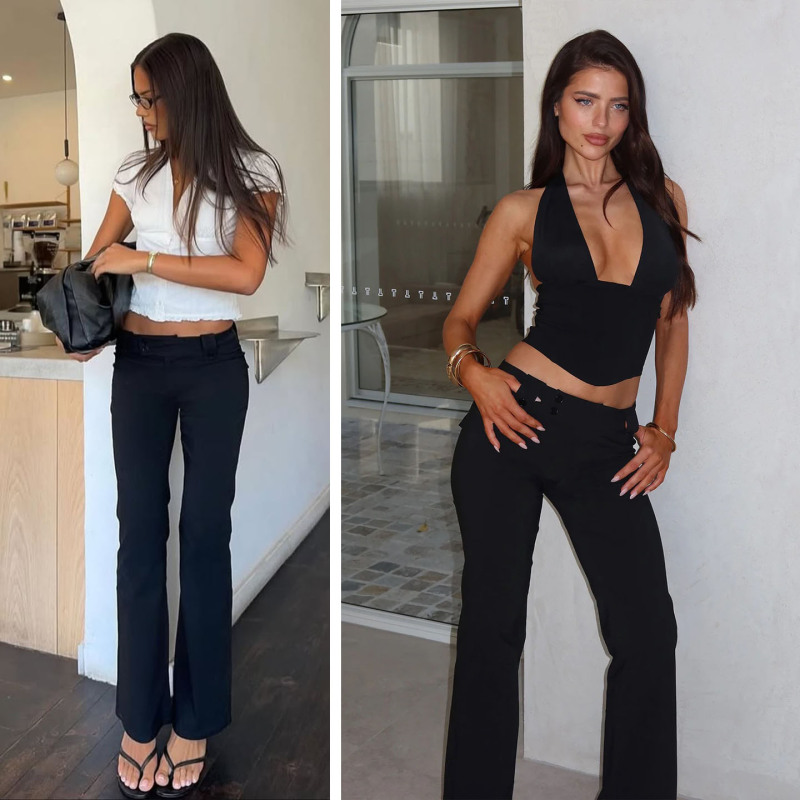 Tiger Mist Black Low-Waist Slim Fit Flared Pants, Elastic Fabric with Widened Waistband Design, Casual Pants