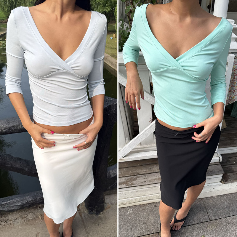 Imsorry Mint Green Deep V-Neck Three-Quarter Sleeve Top Sky Blue Slim-Fit T-Shirt Modal Fabric Imsorry Mint Green Deep V-Neck Three-Quarter Sleeve Top Sky Blue Slim-Fit T-Shirt Modal Fabric