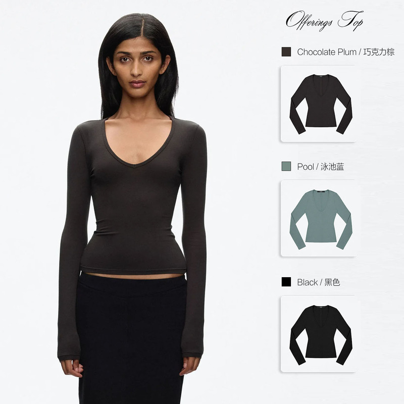 Tank Air Dark Brown V-Neck Slim-Fit Long-Sleeve Custom-Dyed Blue Regular Shoulder Waist-Cinching Stretchy Top Base Shirt Tank Air Dark Brown V-Neck Slim-Fit Long-Sleeve Custom-Dyed Blue Regular Shoulder Waist-Cinching Stretchy Top Base Shirt