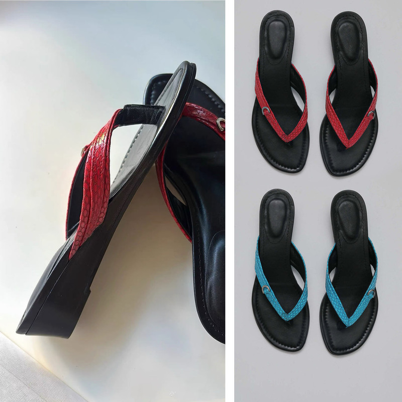 Paloma Wool Peacock Green and Red Snake-Patterned Leather Flip-Flops Wedge Sandals Retro 4cm Heel Height Slippers