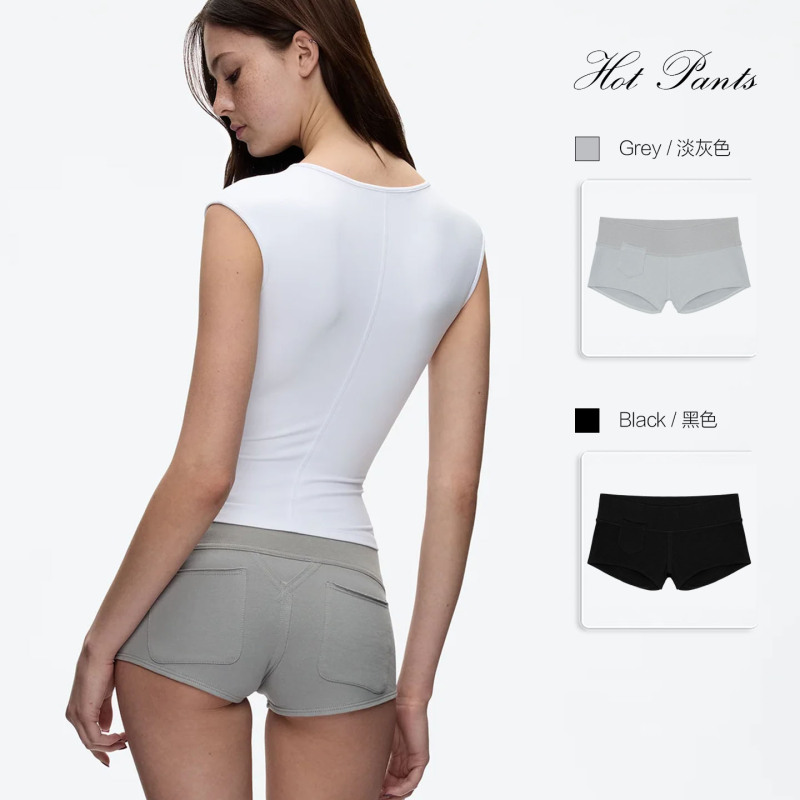 Tank Air Gray Low-Rise Tight Shorts with Black Wide Waistband, Elastic Waist Design, Tailored Pockets, Ultra-Short Shorts