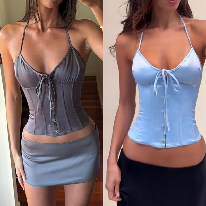 Guizi* Silver-Gray Fishbone Bra, Blue Satin Lace-Up Waist-Cinching Camisole Top, Adjustable Back Straps