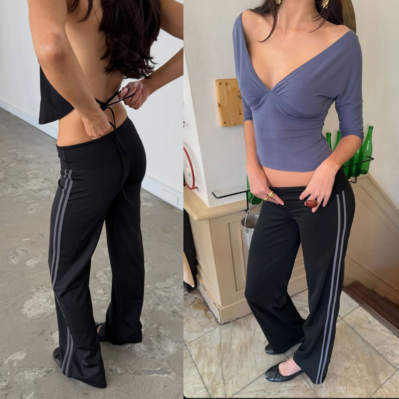 Blogger's Same Style Black Minimalist Low-Waist Flared Yoga Pants with Side Stripe Patchwork Casual Pants Blogger's Same Style Black Minimalist Low-Waist Flared Yoga Pants with Side Stripe Patchwork Casual Pants