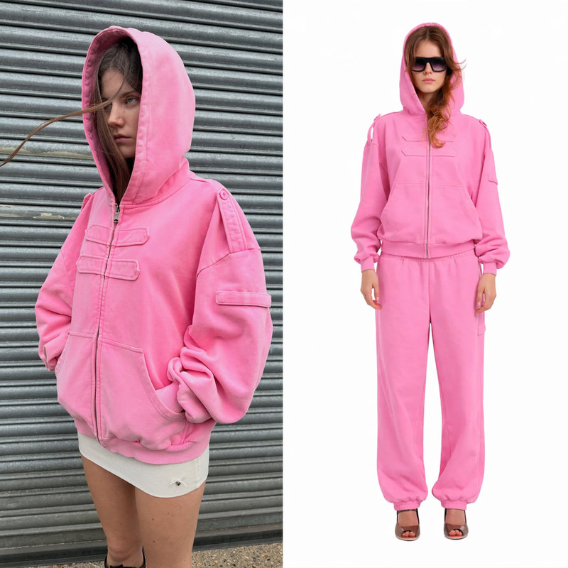 Niihai Pink Hooded Loose Sweatshirt Jacket Washed Faded Pink Straight-Leg Jogger Sweatpants Niihai Pink Hooded Loose Sweatshirt Jacket Washed Faded Pink Straight-Leg Jogger Sweatpants