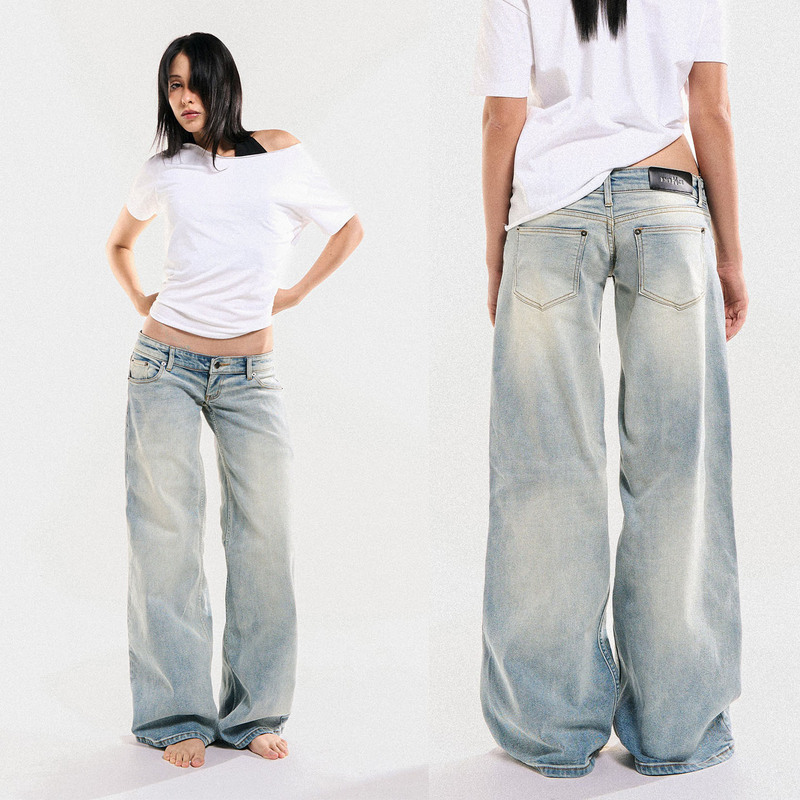 Embracek Ultra-Low-Rise Light Blue Washed Straight-Leg Jeans, Millennial-Style Retro Long Pants with Slight Stretch