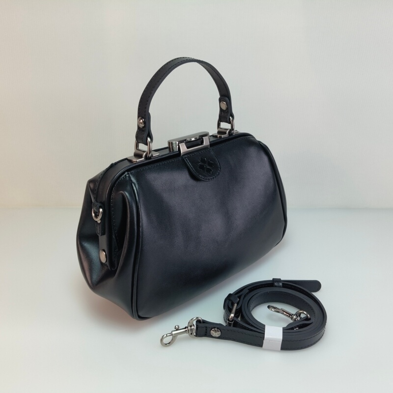 Foreign Trade Vegetable-Tanned Leather Doctor Bag, Metal Clasp Bag, Handbag, Shoulder Bag, Crossbody Bag, Women's Bag