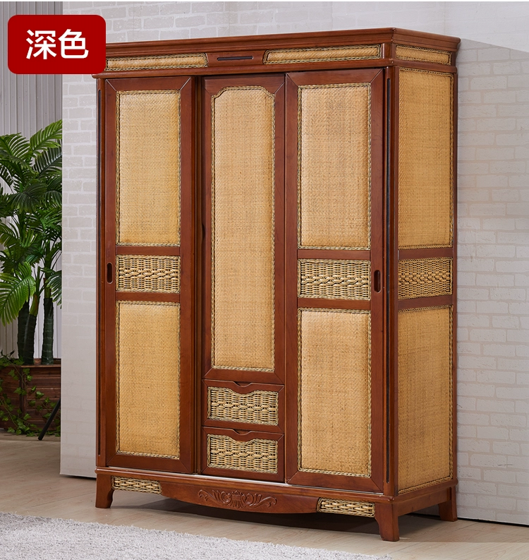Tủ quần áo giả mây gỗ chắc chắn 3 cánh 4 cánh phòng ngủ tổng thể tủ quần áo mây lắp ráp tủ đựng đồ nội thất mây - Buồng
