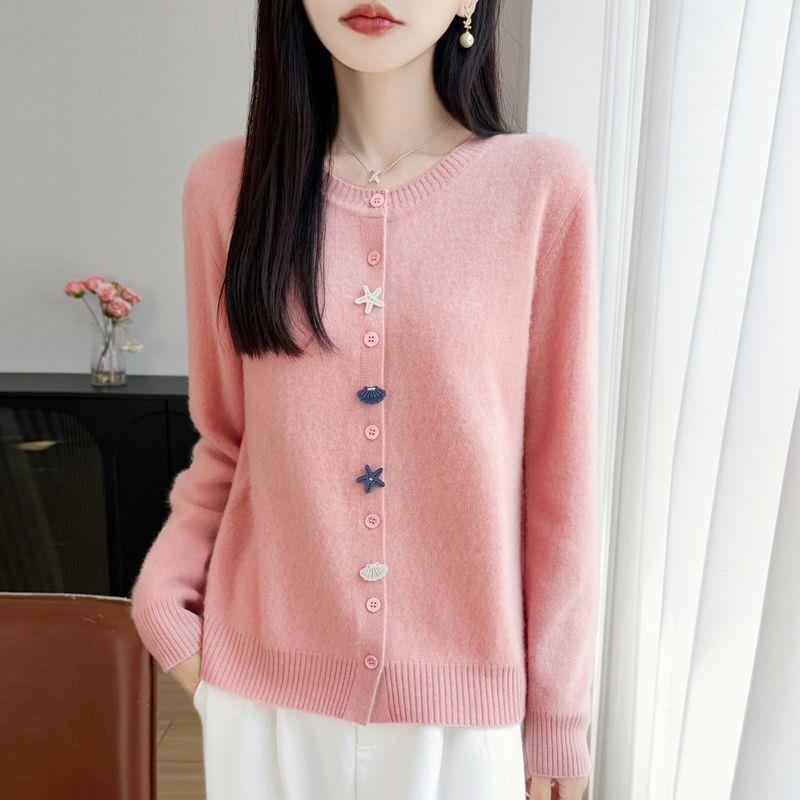 New Skin-Friendly Velvet Sweater Jacket with Starfish Shell Buttons, Loose Round Neck Knit Cardigan, Long-Sleeve Top for Women