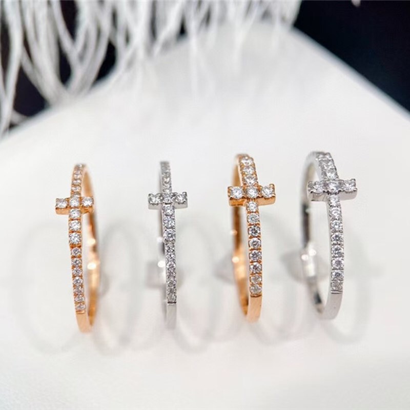 Genuine Diamond Band Ring for Women, 18K White Gold, Gold Diamond T-Shaped Rose Gold Colored Gold Diamond Ring for Women, Tail Ring
