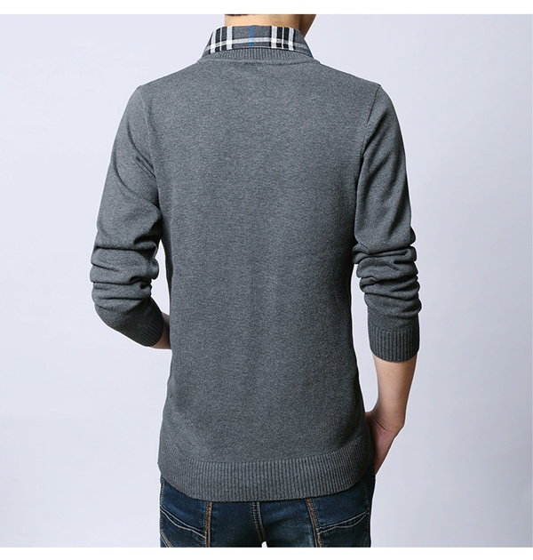 Fake hai chiếc áo thun dài tay trẻ trung áo len cardigan nam mùa đông cotton áo sơ mi cổ áo thun rộng kích thước áo len nam thời trang công sở nam