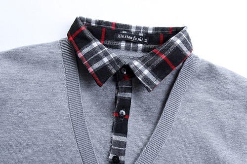 Fake hai chiếc áo thun dài tay trẻ trung áo len cardigan nam mùa đông cotton áo sơ mi cổ áo thun rộng kích thước áo len nam thời trang công sở nam