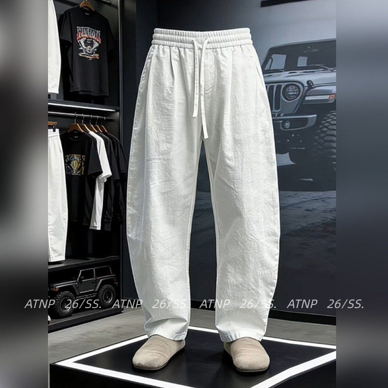 High-End White Old Money Style Linen Curved-Leg Pants for Men, 2026 Summer Thin Breathable Cotton-Linen Wide-Leg Casual Pants