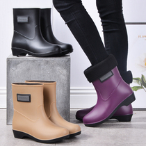 Velvet rain shoes Womens mid-tube warm rain boots Non-slip womens water shoes High tube rubber shoes Adult cotton water boots galoshes