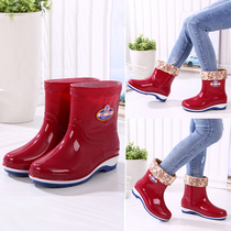 Rain shoes Womens mid-tube thickened rain boots fashion water boots Autumn and winter waterproof shoes Womens non-slip short tube rubber shoes galoshes