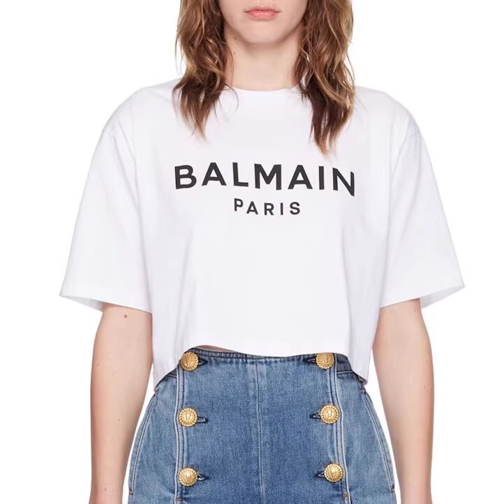Vis Balmain Spring and Summer New Round Neck Cotton Loose Breathable Letter Print Pullover Short Mid-Sleeve T-Shirt for Women Vis Balmain Spring and Summer New Round Neck Cotton Loose Breathable Letter Print Pullover Short Mid-Sleeve T-Shirt for Women
