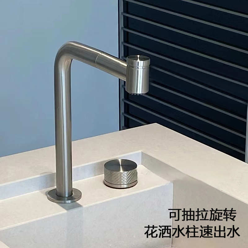 Bathroom Cabinet with Dual-Hole Split Basin, Pull-Out Faucet for Hot and Cold Water, Rotatable, Splash-Proof, Foaming Water Outlet, Brushed Silver