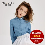 Mi Xidi mecity quần áo trẻ em 2019 mùa thu mới cho bé gái thiết kế ngọc trai Áo sơ mi denim Tiansi - Áo sơ mi