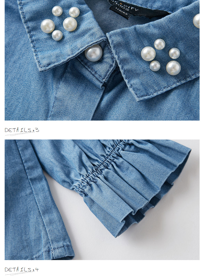 Mi Xidi mecity quần áo trẻ em 2019 mùa thu mới cho bé gái thiết kế ngọc trai Áo sơ mi denim Tiansi - Áo sơ mi áo bé gái