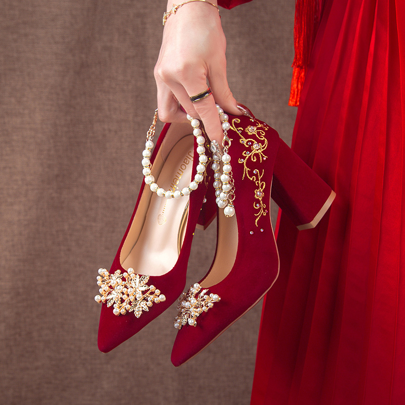 Pointed Toe Chunky Heel Wedding Shoes 2026 New Chinese Style Xiuhe (Traditional Chinese Wedding Dress) Toast Dress Shoes Can Be Worn by Pregnant Women Red Bridal Shoes